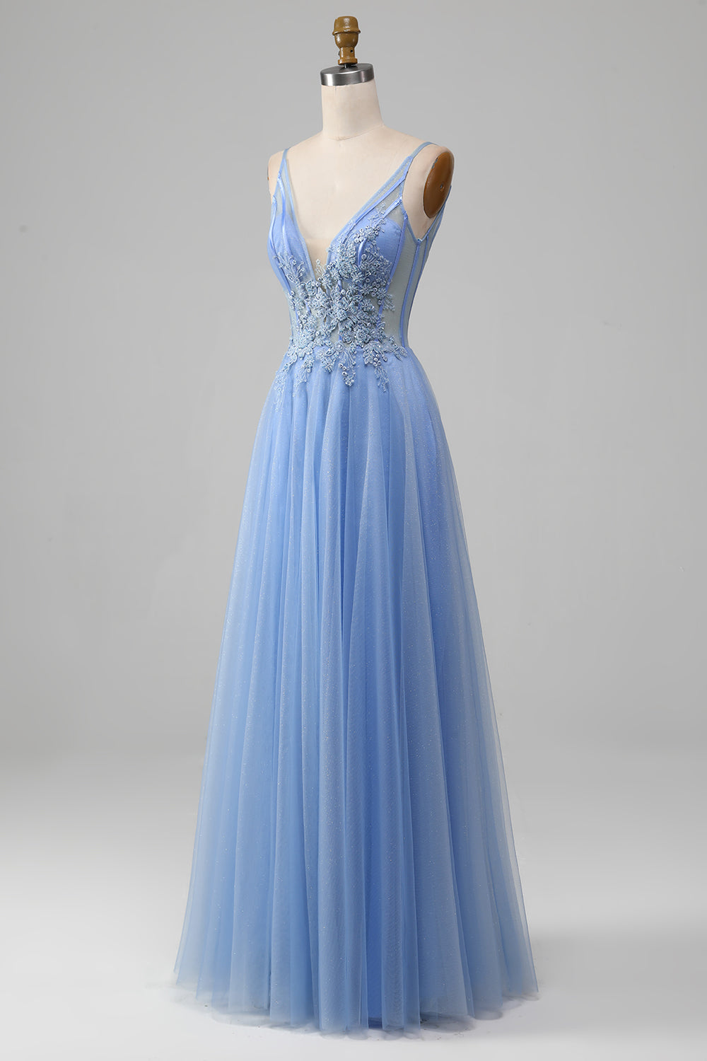 Light Blue A-Line V Neck Tulle Long Prom Dress With Appliques