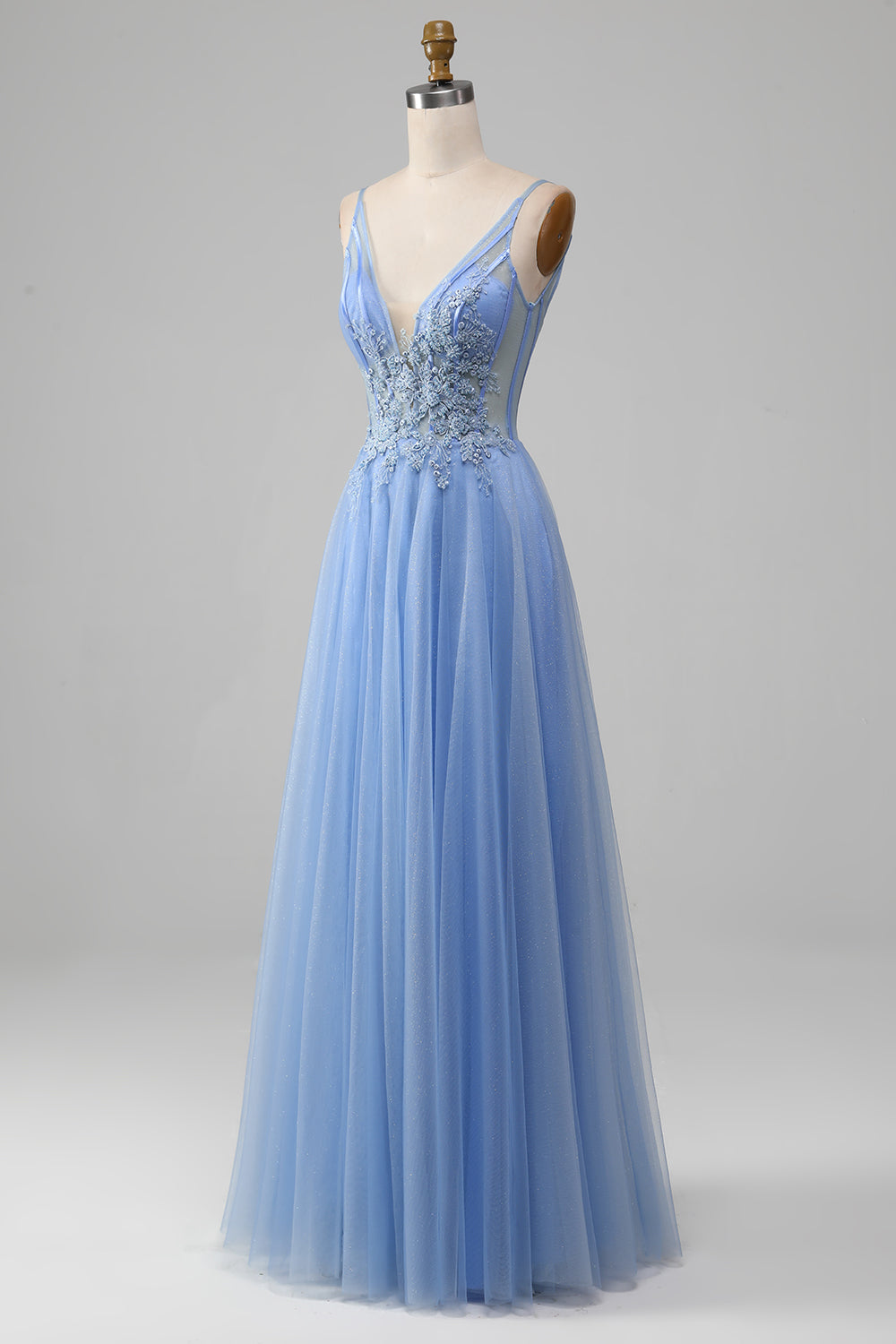 Wedtrend Women Light Blue Long Prom Dress A-Line V Neck Tulle Evening Dress With Appliques WEDTREND Wedtrend Women Light Blue Long Prom Dress A-Line V Neck Tulle Evening Dress With Appliques WEDTREND