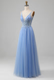 Light Blue A-Line V Neck Tulle Long Prom Dress With Appliques