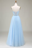 Sparkly Light Blue A-Line Tulle Long Prom Dress With Appliques