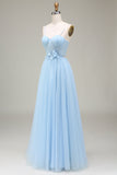 Sparkly Light Blue A-Line Tulle Long Prom Dress With Appliques