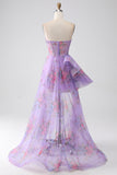 Purple Printed A-Line Sweetheart Strapless Corset Prom Dress With Slit