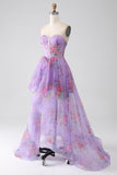 Purple Printed A-Line Sweetheart Strapless Corset Prom Dress With Slit