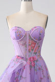 Purple Printed A-Line Sweetheart Strapless Corset Prom Dress With Slit