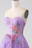 Purple Printed A-Line Sweetheart Strapless Corset Prom Dress With Slit