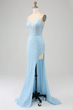 Glitter Sky Blue Mermaid Spaghetti Straps Long Prom Dress with Slit
