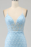 Glitter Sky Blue Mermaid Spaghetti Straps Long Prom Dress with Slit