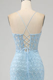 Glitter Sky Blue Mermaid Spaghetti Straps Long Prom Dress with Slit
