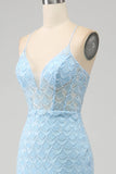 Glitter Sky Blue Mermaid Spaghetti Straps Long Prom Dress with Slit