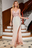 Glitter Pink Mermaid Spaghetti Straps Beaded Prom Dress with Slit