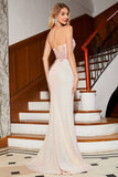 Glitter Pink Mermaid Spaghetti Straps Beaded Prom Dress with Slit