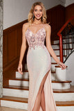 Glitter Pink Mermaid Spaghetti Straps Beaded Prom Dress with Slit