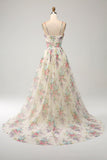 Ivory A-Line Spaghetti Straps Flower Printed Prom Dress with Slit
