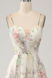 Ivory A-Line Spaghetti Straps Flower Printed Prom Dress with Slit