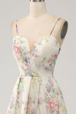 Ivory A-Line Spaghetti Straps Flower Printed Prom Dress with Slit