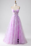 Lavender Printed A-Line Sweetheart Strapless Beaded Corset Prom Dress with Slit