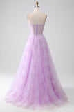 Lavender Printed A-Line Sweetheart Strapless Beaded Corset Prom Dress with Slit