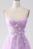Lavender Printed A-Line Sweetheart Strapless Beaded Corset Prom Dress with Slit