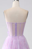 Lavender Printed A-Line Sweetheart Strapless Beaded Corset Prom Dress with Slit