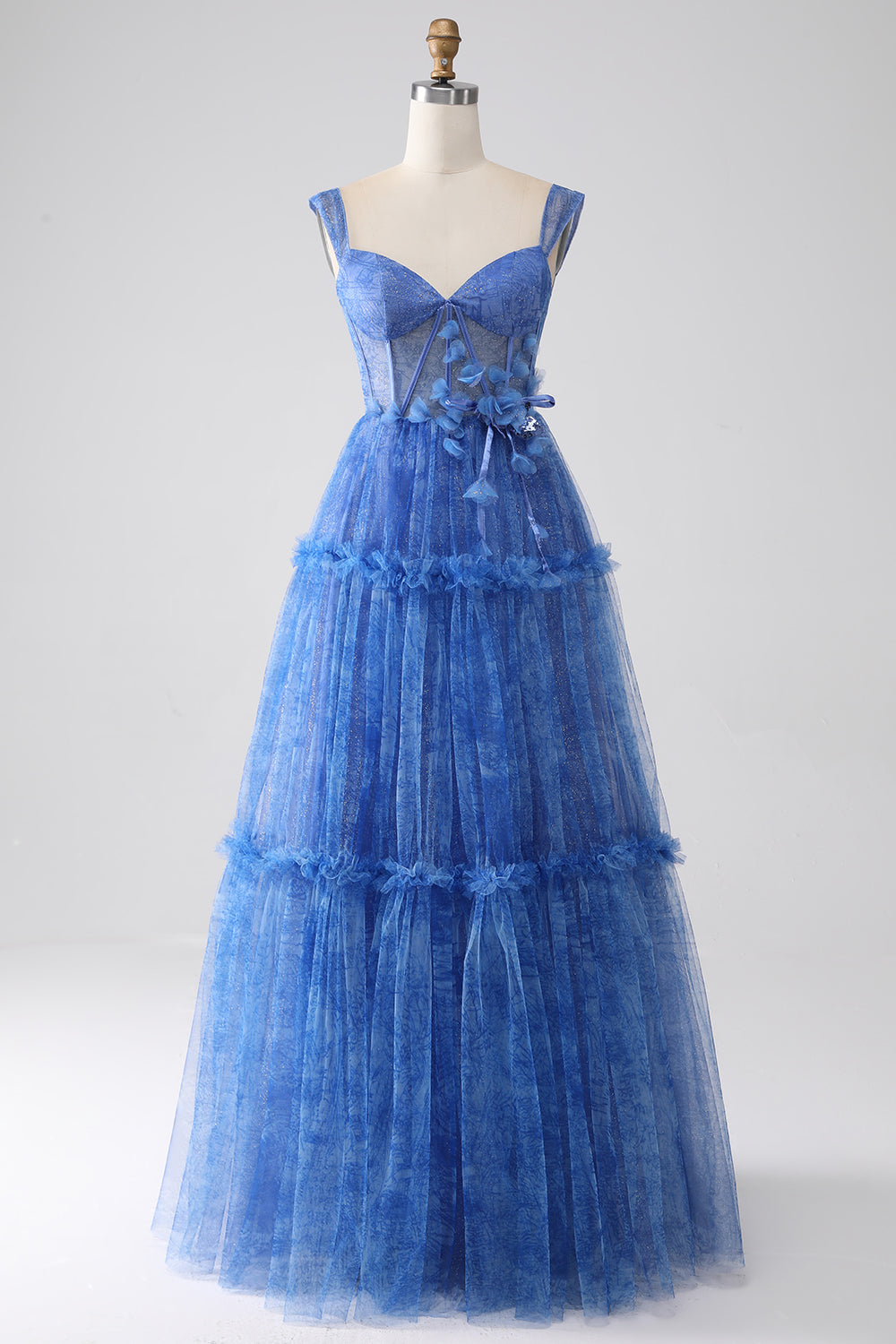 Wedtrend Women Tulle Corset Prom Dress Blue Printed A Line Off the Shoulder Formal Dress WEDTREND Wedtrend Women Tulle Corset Prom Dress Blue Printed A Line Off the Shoulder Formal Dress WEDTREND