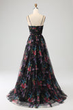 Black Printed A Line Spaghetti Straps Long Prom Dress with Slit