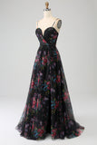 Black Printed A Line Spaghetti Straps Long Prom Dress with Slit