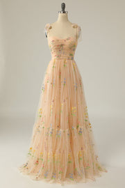 Champagne A Line Spaghetti Straps Tulle Prom Dress With Embroidery