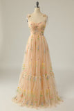 Grey Blue A-Line Spaghetti Straps Tulle Floral Long Prom Dress With Embroidery