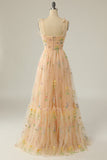 Grey Blue A-Line Spaghetti Straps Tulle Floral Long Prom Dress With Embroidery