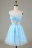 Cute A Line Spaghetti Straps Glitter Blue Short Homecoming Dress with Appliques
