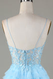 Cute A Line Spaghetti Straps Glitter Blue Short Homecoming Dress with Appliques