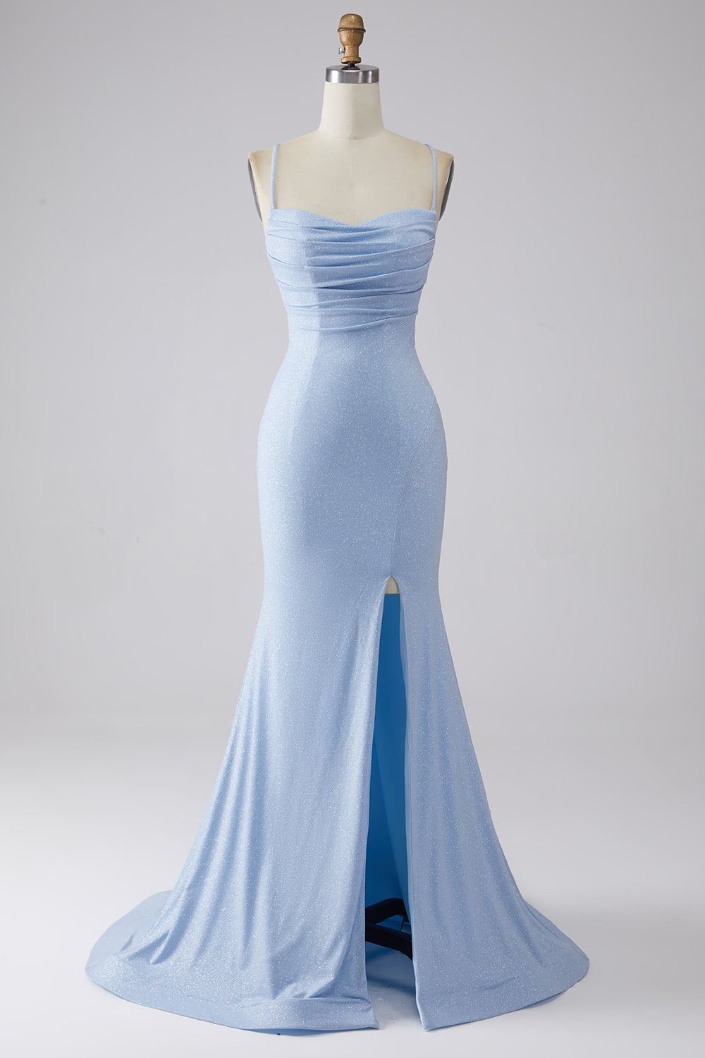 Wedtrend Women Sparkly Mermaid Prom Dress with Slit Light Blue