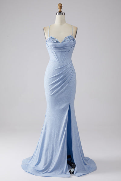 Light Blue Sparkly Mermaid Spaghetti Straps Corset Prom Dress with Slit