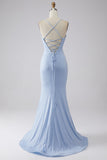 Light Blue Sparkly Mermaid Spaghetti Straps Corset Prom Dress with Slit