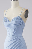 Light Blue Sparkly Mermaid Spaghetti Straps Corset Prom Dress with Slit