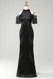 Black Halter Sequin Fringe Prom Dress