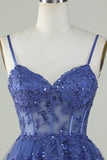 Sparkly Dark Blue Spaghetti Straps Corset Homecoming Dress