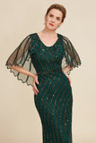 Dark Green Sheath Sequins Round Neck Mother Of Bride Dress with Cape Sleeves