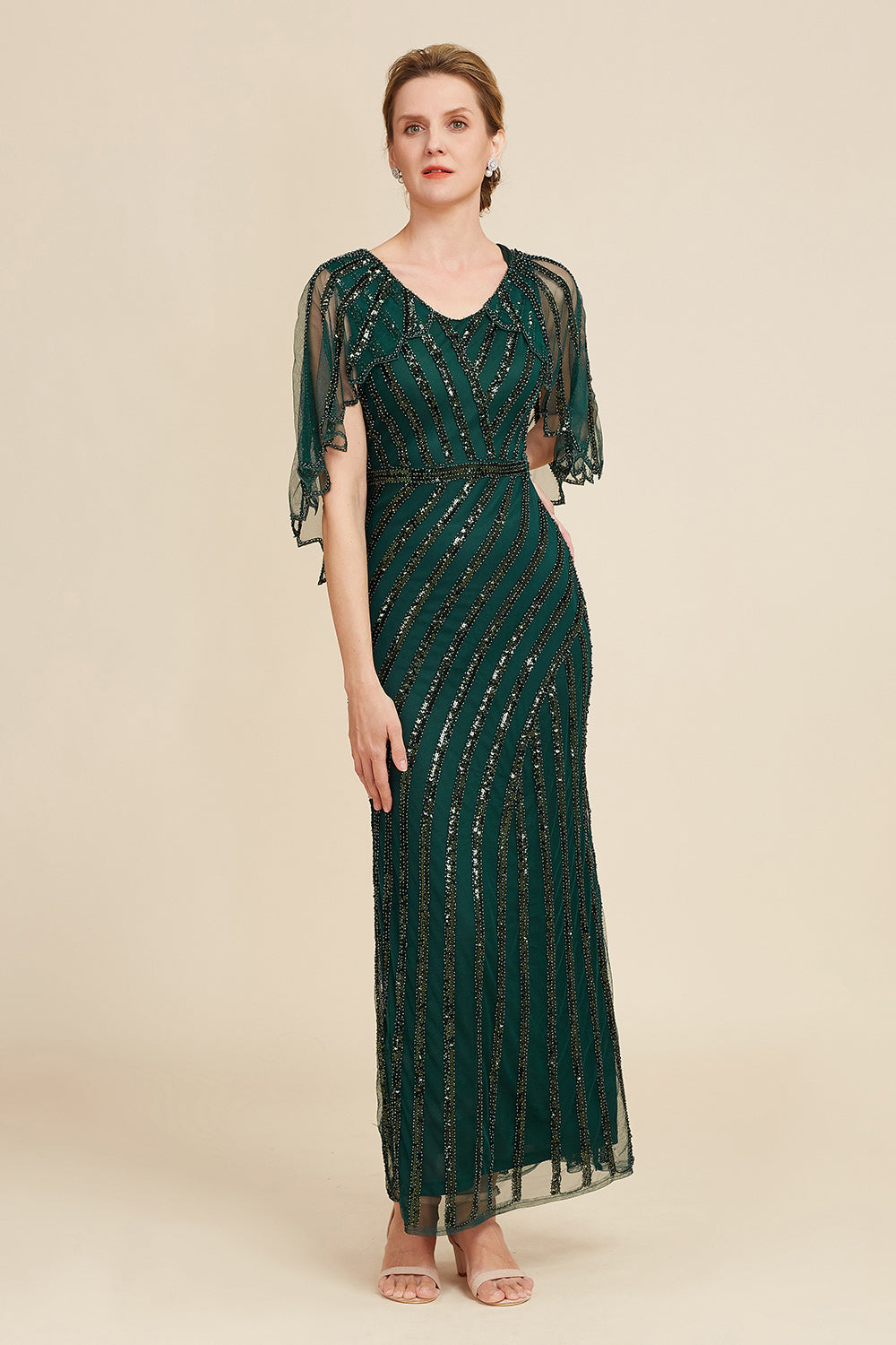 Dark Green Sheath Sequins Round Neck Mother Of Bride Dress with Cape Sleeves