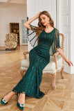 Dark Green Sheath Sequins Formal Dress with Cape Sleeves