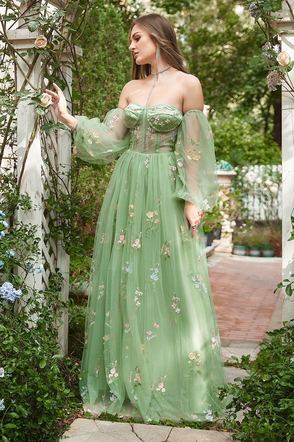 Green A-Line Off The Shoulder Floor Length Dress With Embroidery