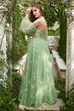 Green A-Line Off The Shoulder Formal Evening Party Dress With Embroidery