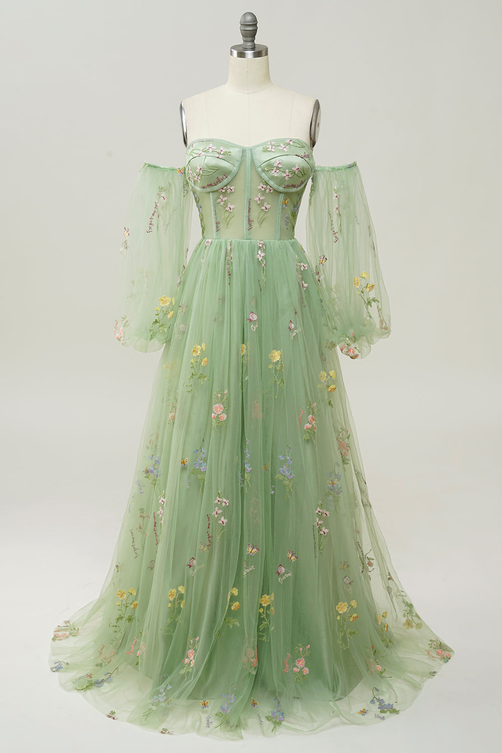 Wedtrend Women Green Prom Dress With flower Embroidery A-Line Off The Shoulder Long Sleeves Bridesmaid Dress WEDTREND Wedtrend Women Green Prom Dress With flower Embroidery A-Line Off The Shoulder Long Sleeves Bridesmaid Dress WEDTREND