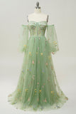 Green A-Line Off The Shoulder Floor Length Dress With Embroidery