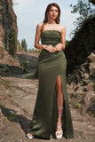 Olive Sheath Strapless Long Wedding Party  Dress with Split Front