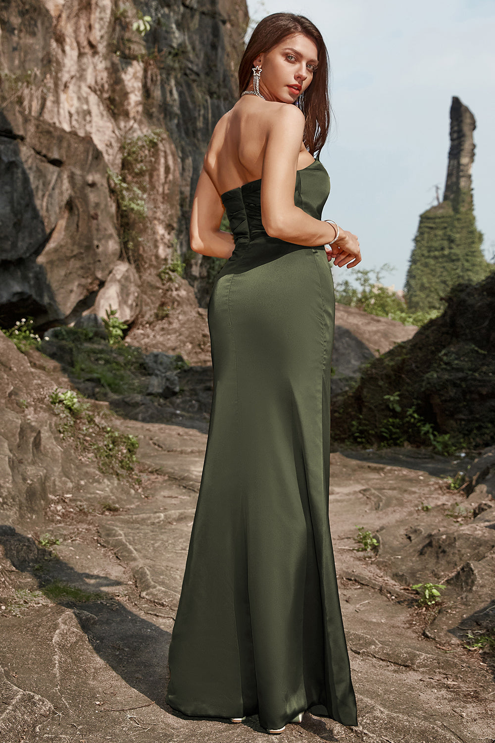 Olive Sheath Strapless Long Wedding Party  Dress with Split Front