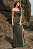 Olive Sheath Strapless Long Wedding Party  Dress with Split Front