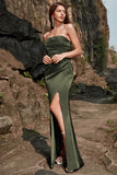 Olive Sheath Strapless Long Wedding Party  Dress with Split Front