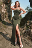 Olive Sheath Strapless Long Wedding Party  Dress with Split Front