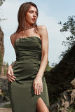 Olive Sheath Strapless Long Wedding Party  Dress with Split Front